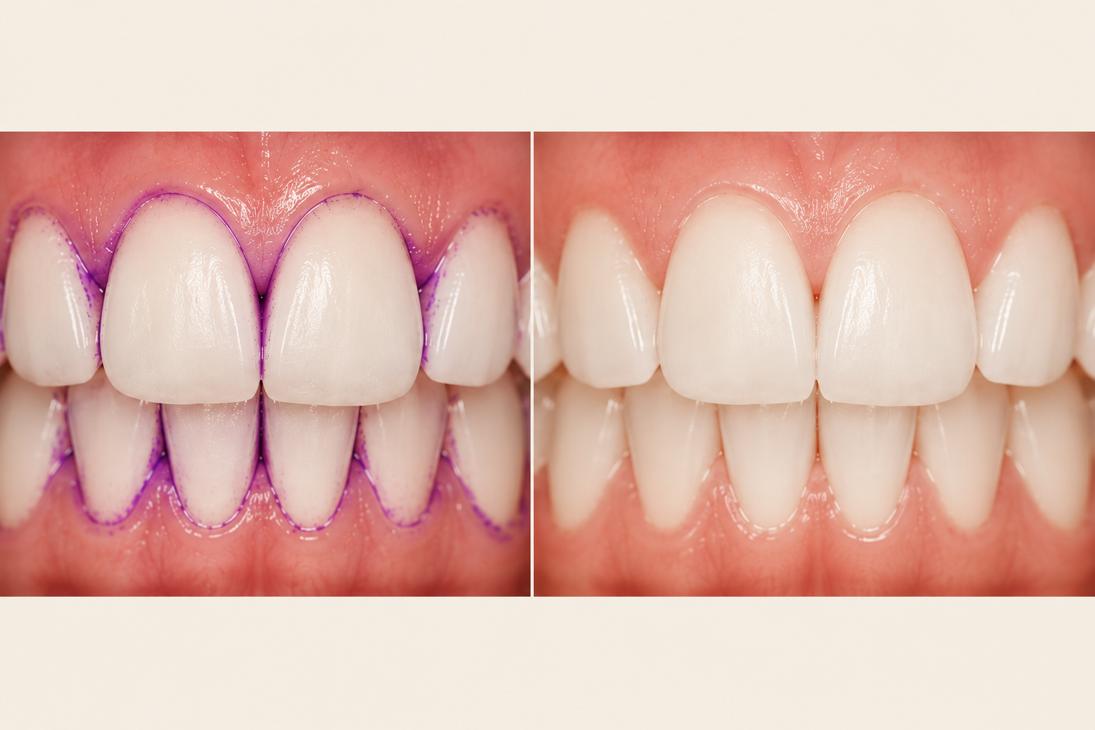Before and after: teeth outlined by purple plaque-disclosing dye, then clean after brushing